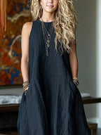 Black Sleeveless Faux Linen Balloon Maxi Dress