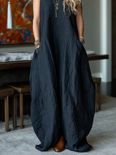 Black Sleeveless Faux Linen Balloon Maxi Dress