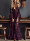 Purple Lace V-neck Ruched Bell sleeve Sheer Maxi Dress