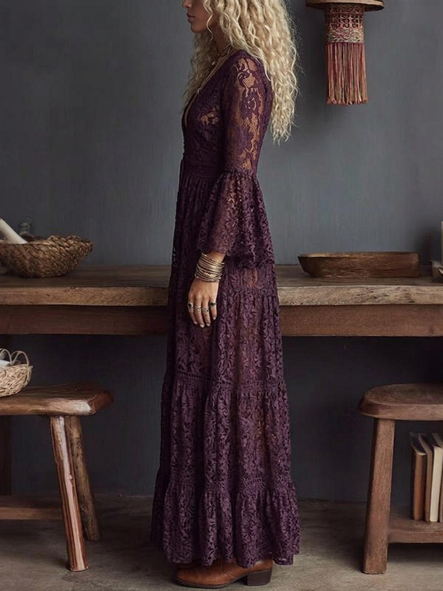 Purple Lace V-neck Ruched Bell sleeve Sheer Maxi Dress