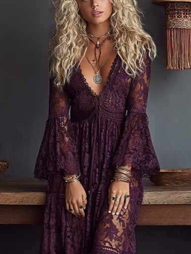 Purple Lace V-neck Ruched Bell sleeve Sheer Maxi Dress