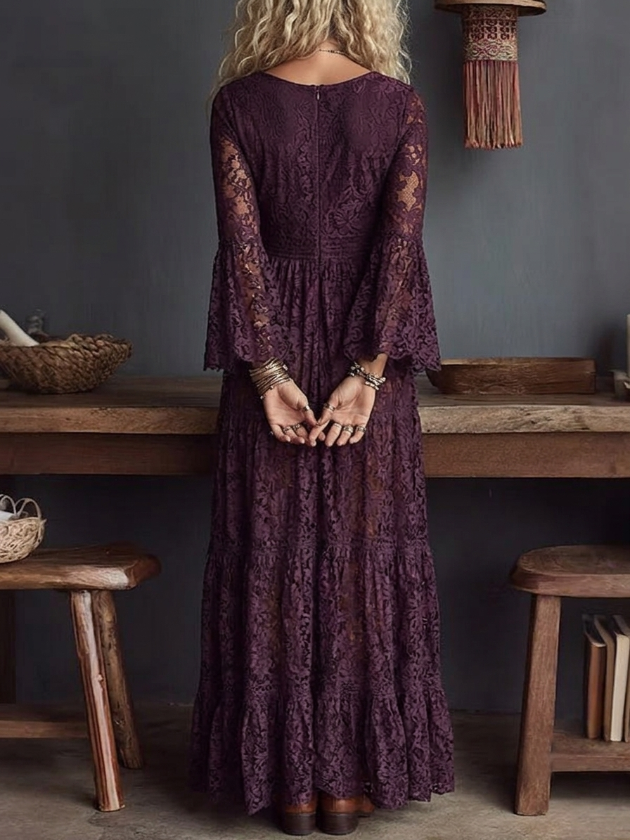 Purple Lace V-neck Ruched Bell sleeve Sheer Maxi Dress