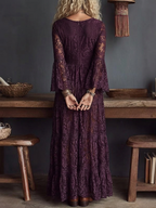 Purple Lace V-neck Ruched Bell sleeve Sheer Maxi Dress