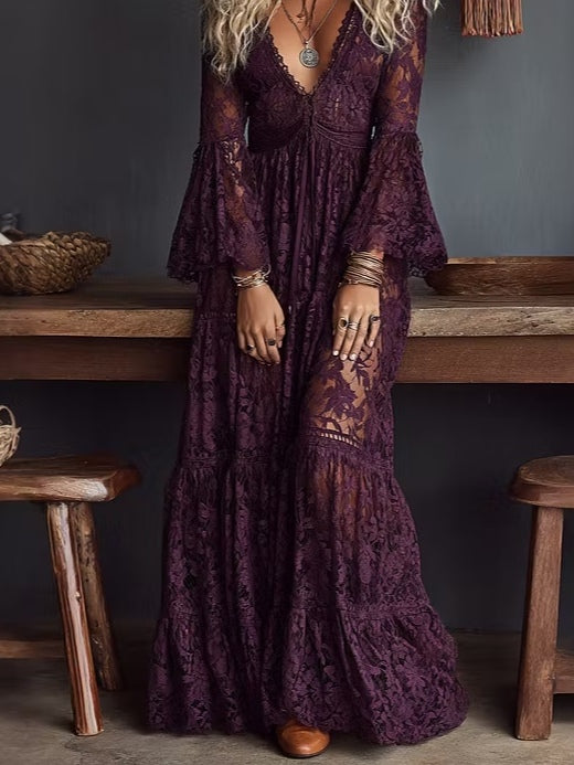 Purple Lace V-neck Ruched Bell sleeve Sheer Maxi Dress