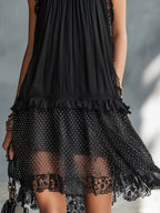 Black Lace-trimmed Ruffled Sheer Polka Dot Mini Dress