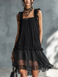 Black Lace-trimmed Ruffled Sheer Polka Dot Mini Dress