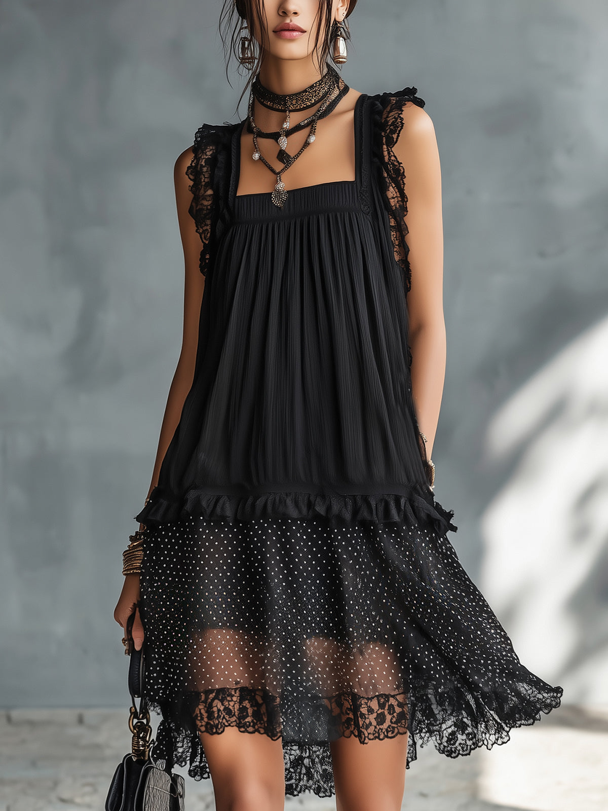 Black Lace-trimmed Ruffled Sheer Polka Dot Mini Dress