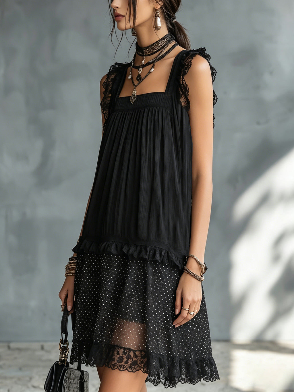 Black Lace-trimmed Ruffled Sheer Polka Dot Mini Dress