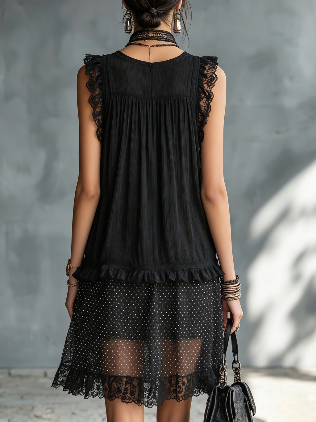 Black Lace-trimmed Ruffled Sheer Polka Dot Mini Dress