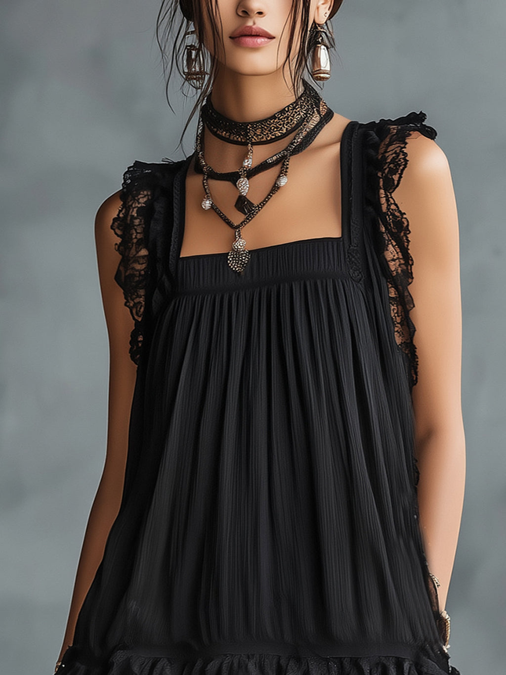 Black Lace-trimmed Ruffled Sheer Polka Dot Mini Dress