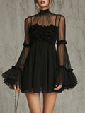 Black Sheer Floral Appliqué High Neck Pleated Chiffon Mini Dress