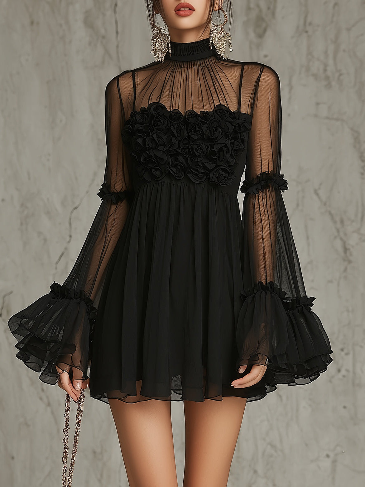 Black Sheer Floral Appliqué High Neck Pleated Chiffon Mini Dress