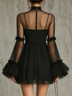 Black Sheer Floral Appliqué High Neck Pleated Chiffon Mini Dress