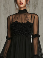 Black Sheer Floral Appliqué High Neck Pleated Chiffon Mini Dress
