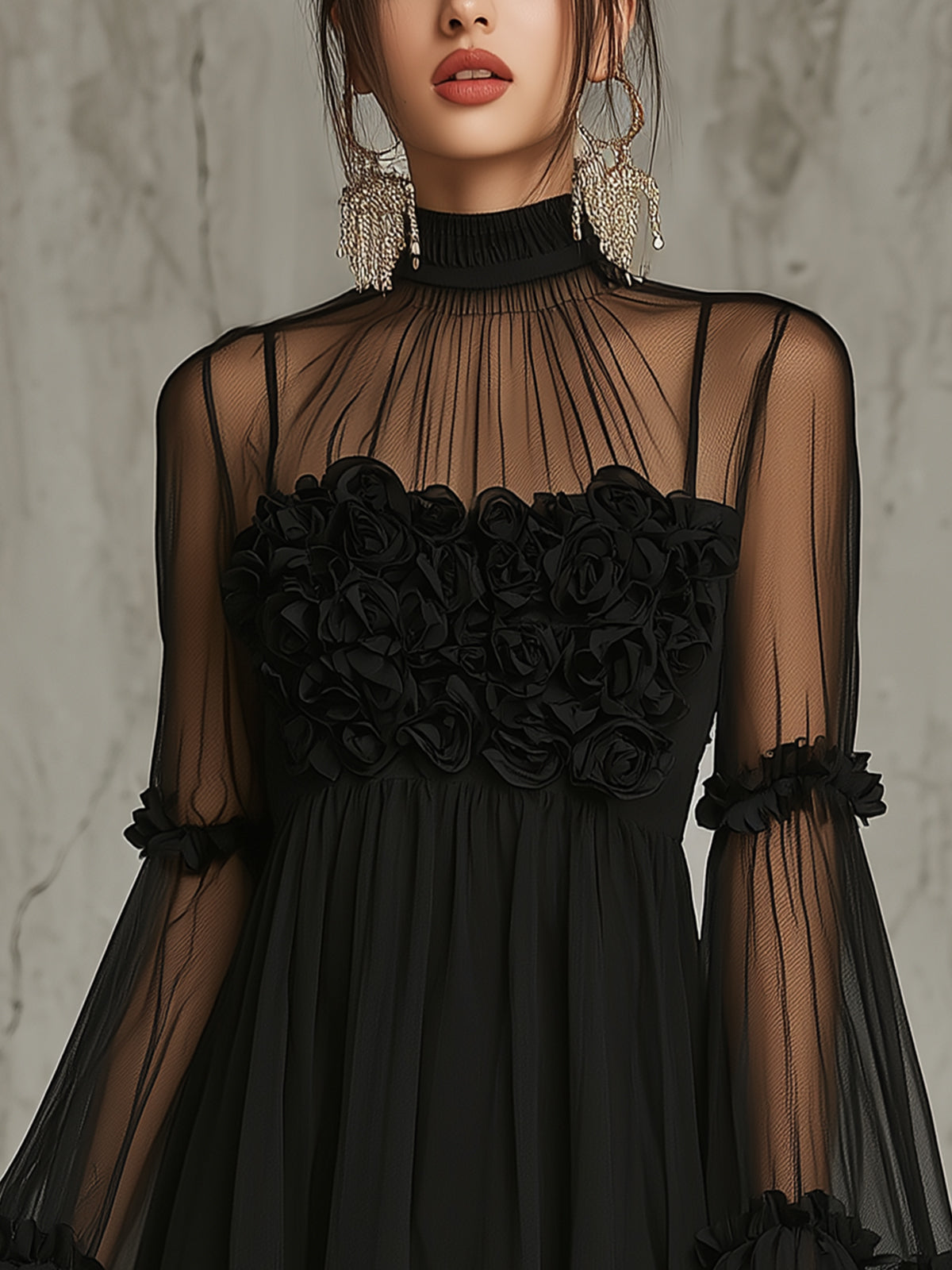 Black Sheer Floral Appliqué High Neck Pleated Chiffon Mini Dress