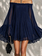 Navy Off-shoulder Ruffled Bell Sleeve Mini Dress