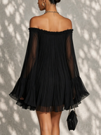 Black Off-shoulder Ruffled Bell Sleeve Mini Dress