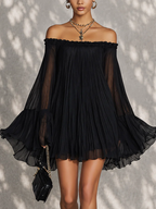 Black Off-shoulder Ruffled Bell Sleeve Mini Dress