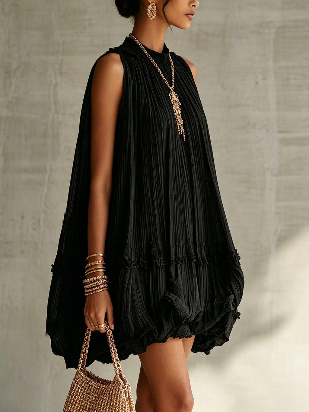 Black Halter Neck Ruffled Chiffon Bubble Mini Dress
