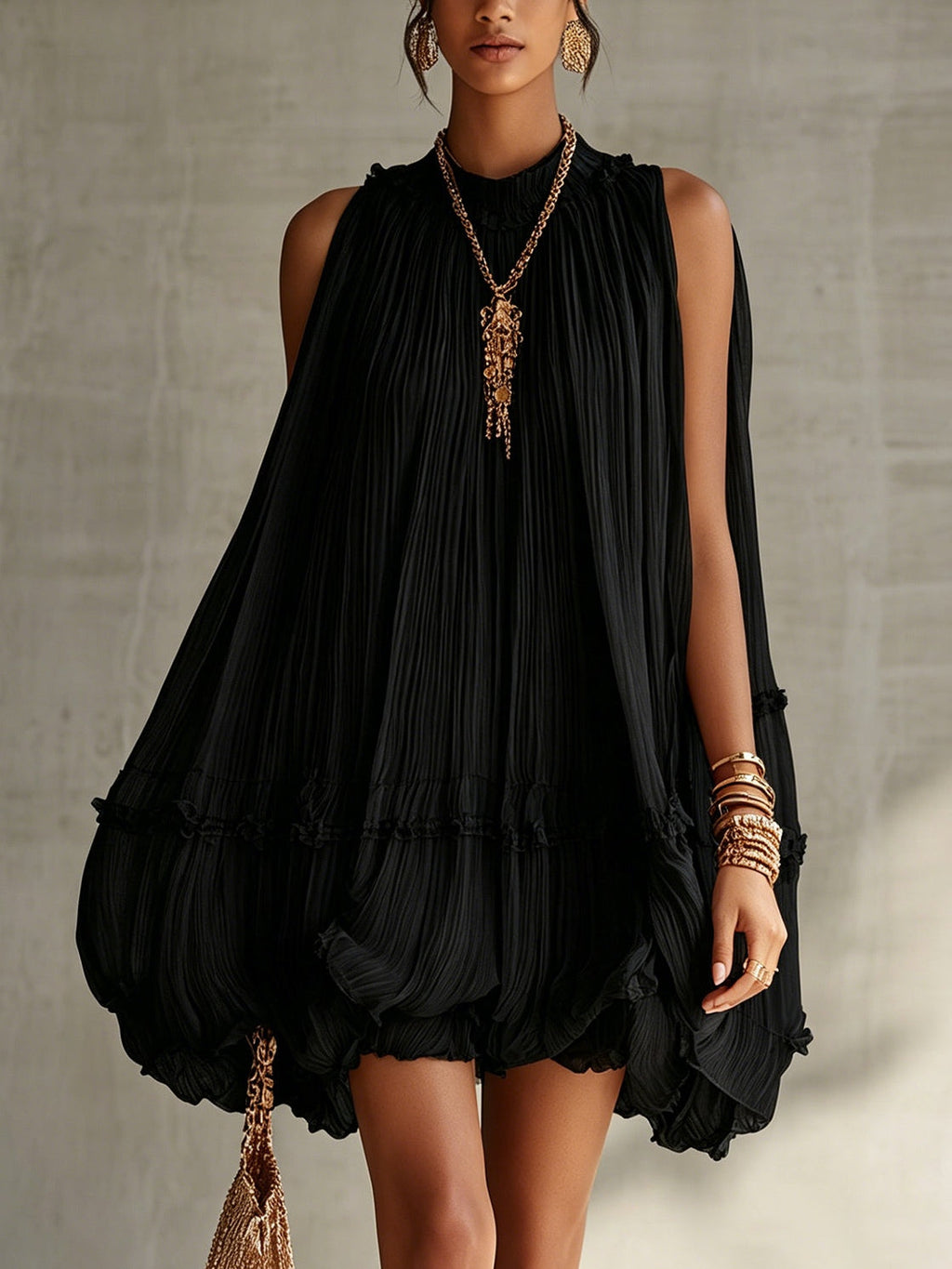Black Halter Neck Ruffled Chiffon Bubble Mini Dress