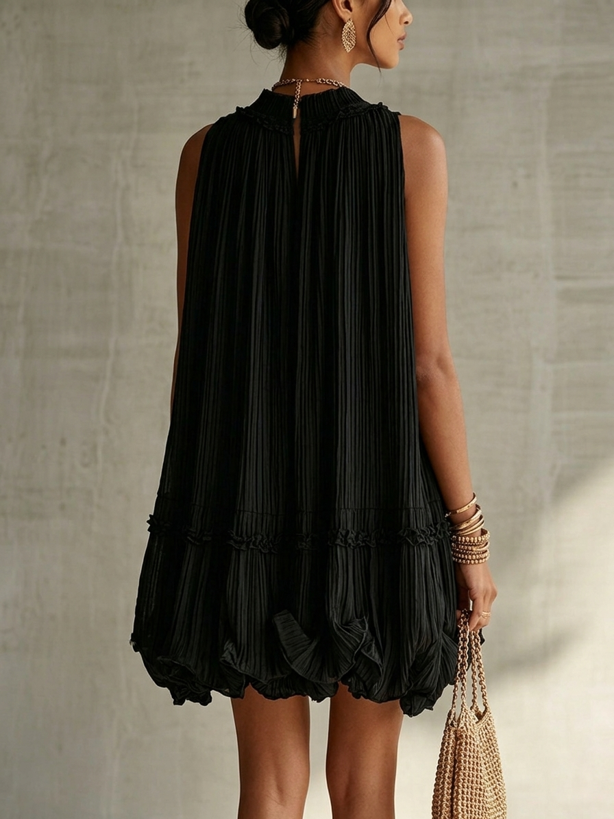 Black Halter Neck Ruffled Chiffon Bubble Mini Dress