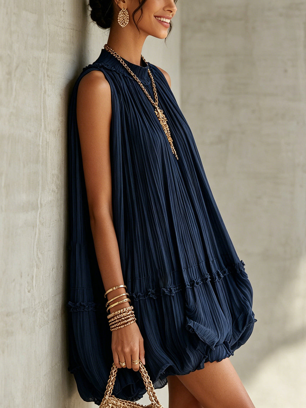 Navy Halter Neck Ruffled Chiffon Bubble Mini Dress