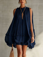 Navy Halter Neck Ruffled Chiffon Bubble Mini Dress