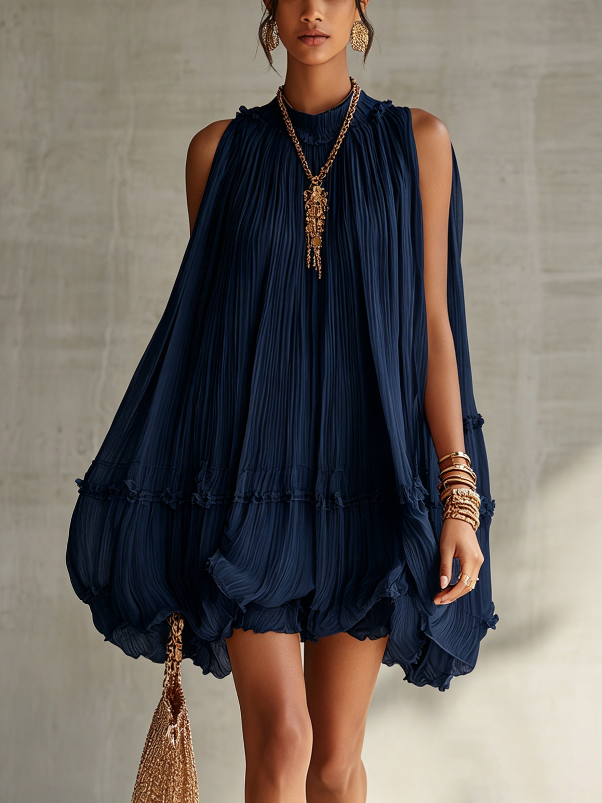 Navy Halter Neck Ruffled Chiffon Bubble Mini Dress