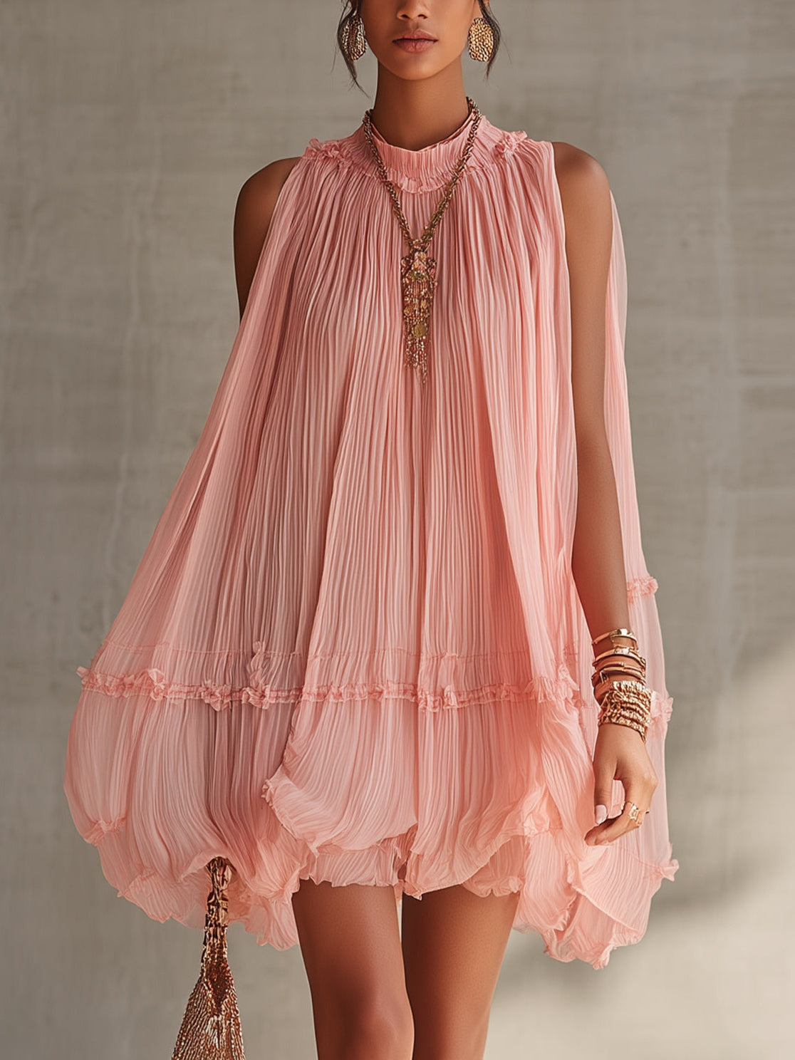 Pink Halter Neck Ruffled Chiffon Bubble Mini Dress