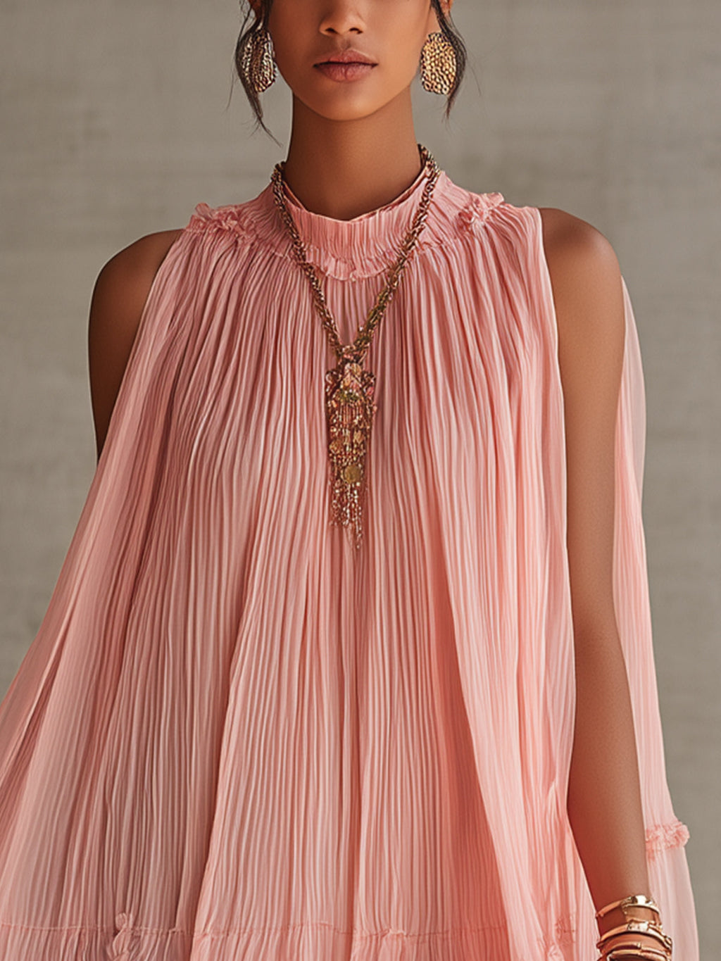 Pink Halter Neck Ruffled Chiffon Bubble Mini Dress