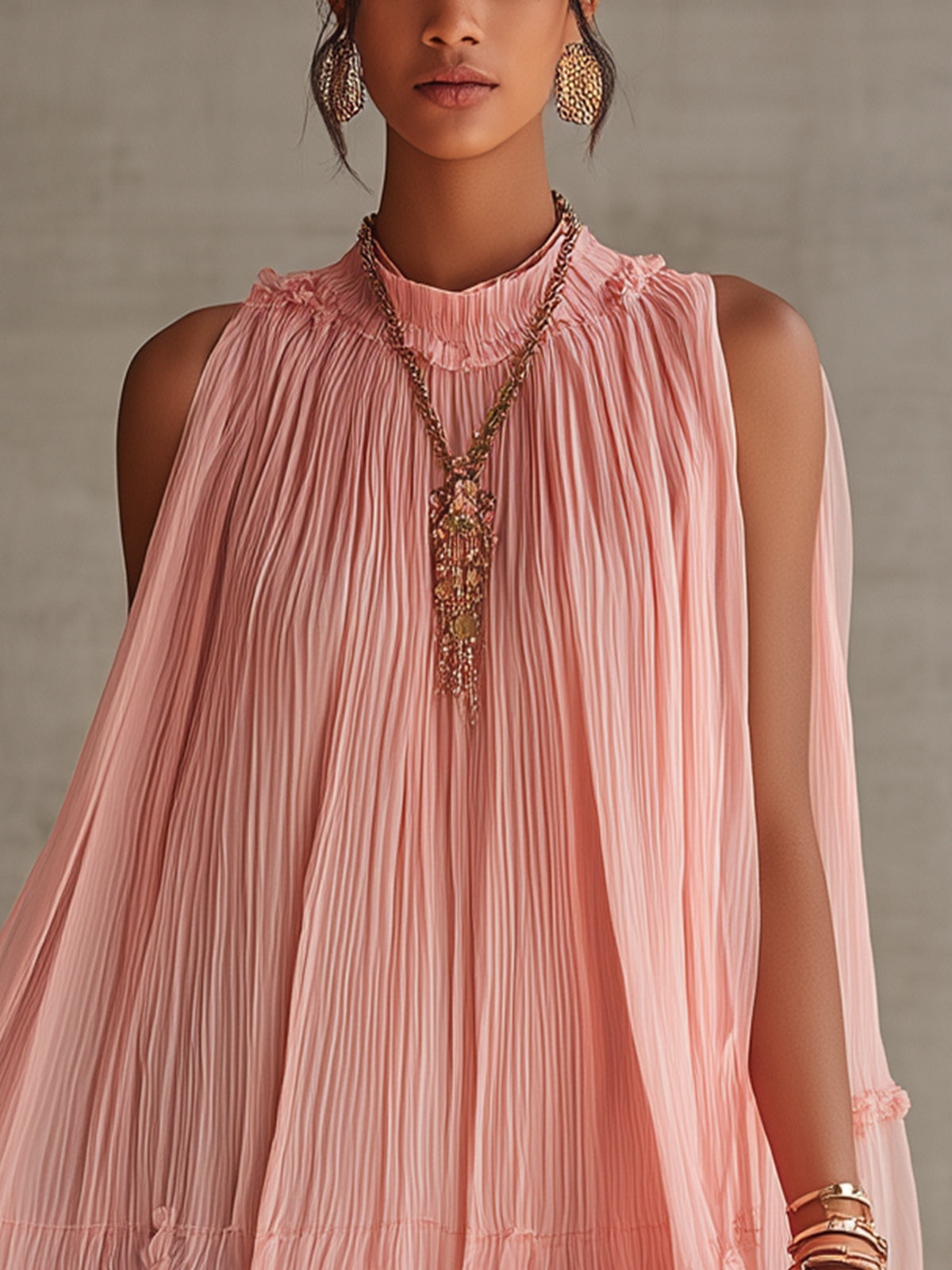 Pink Halter Neck Ruffled Chiffon Bubble Mini Dress