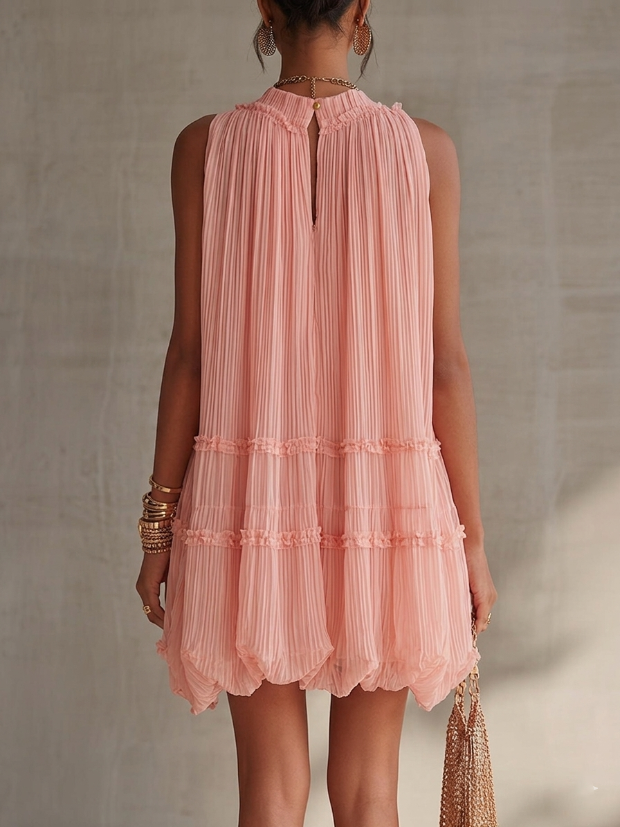 Pink Halter Neck Ruffled Chiffon Bubble Mini Dress