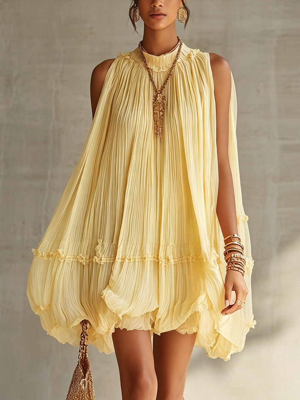 Yellow Halter Neck Ruffled Chiffon Bubble Mini Dress