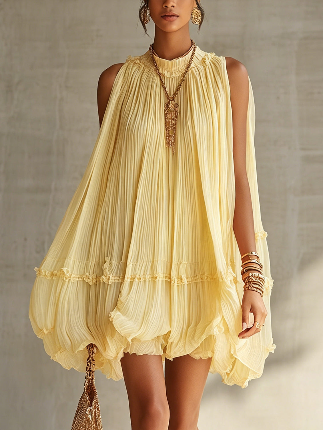 Yellow Halter Neck Ruffled Chiffon Bubble Mini Dress