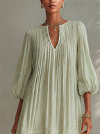 Light Green Ppleated Chiffon Lantern Sleeve Lace Mini Dress