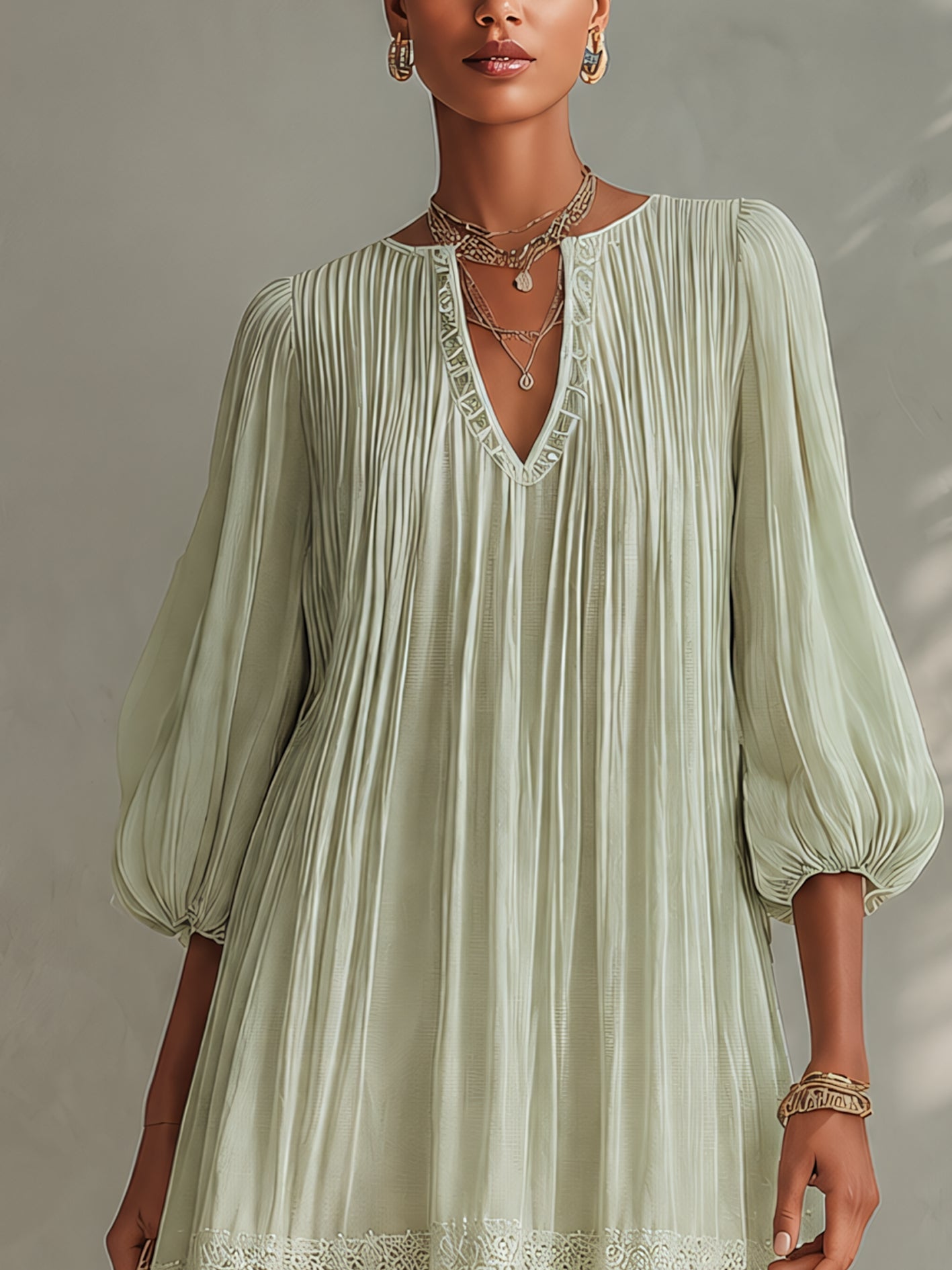 Light Green Ppleated Chiffon Lantern Sleeve Lace Mini Dress