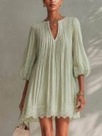 Light Green Ppleated Chiffon Lantern Sleeve Lace Mini Dress