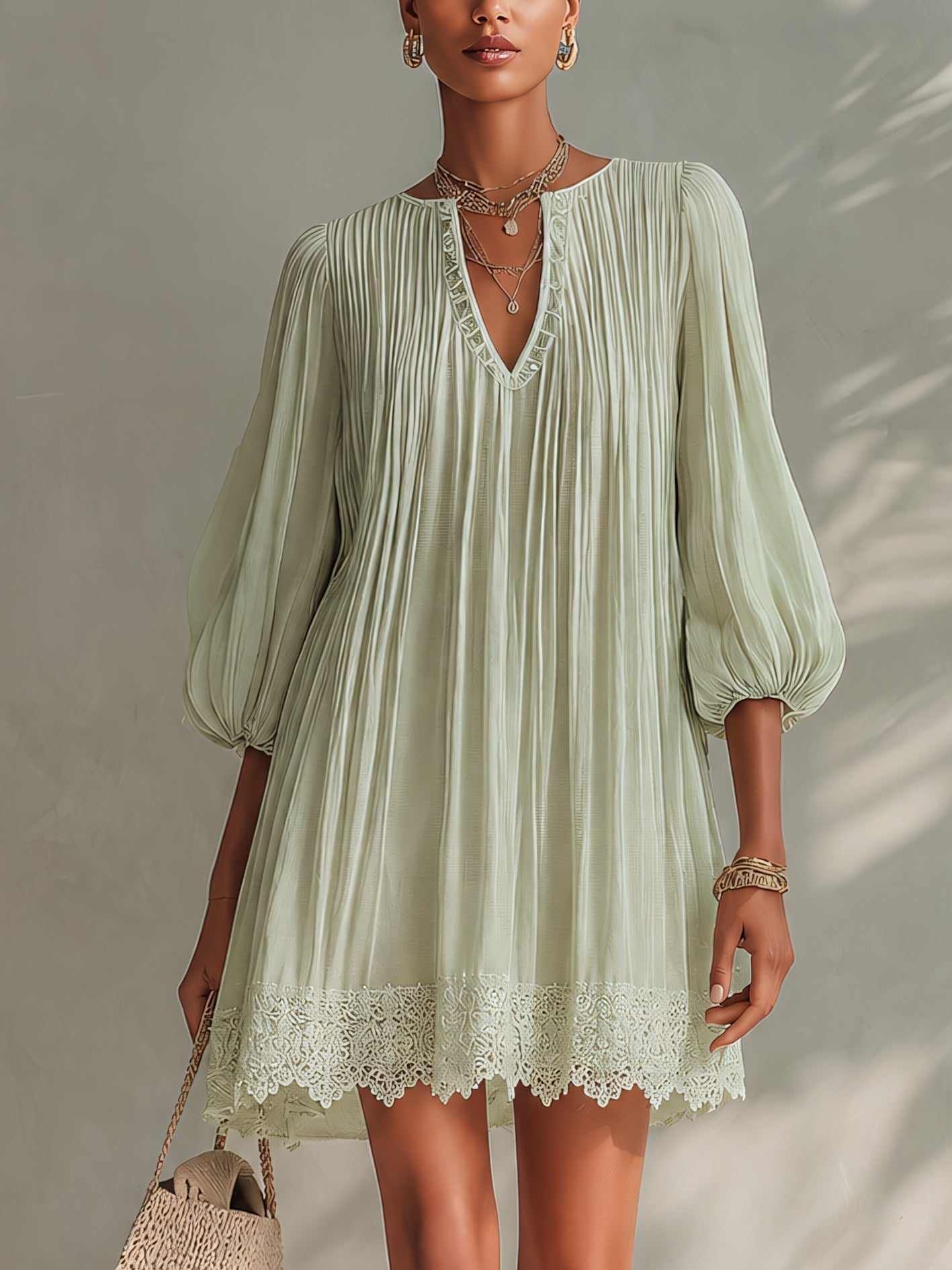 Light Green Ppleated Chiffon Lantern Sleeve Lace Mini Dress