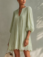 Light Green Ppleated Chiffon Lantern Sleeve Lace Mini Dress