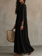 Black Lace V-neck Batwing Sleeve Chiffon Maxi Dress