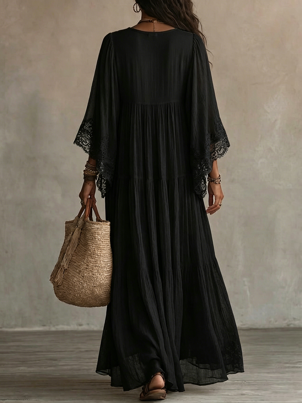 Black Lace V-neck Batwing Sleeve Chiffon Maxi Dress