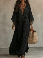 Black Lace V-neck Batwing Sleeve Chiffon Maxi Dress