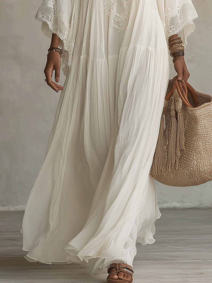 White Lace V-neck Batwing Sleeve Chiffon Maxi Dress