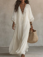 White Lace V-neck Batwing Sleeve Chiffon Maxi Dress