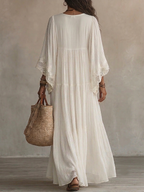 White Lace V-neck Batwing Sleeve Chiffon Maxi Dress