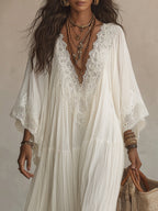 White Lace V-neck Batwing Sleeve Chiffon Maxi Dress