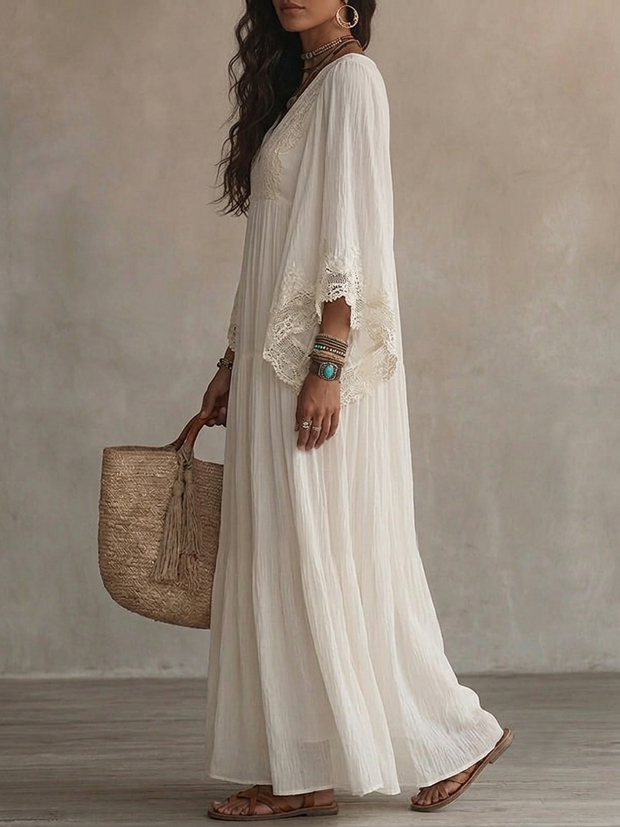White Lace V-neck Batwing Sleeve Chiffon Maxi Dress