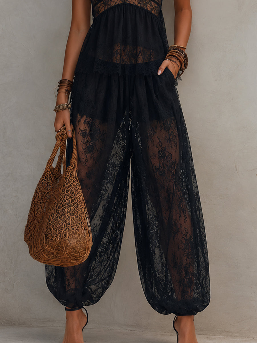 Black Backless Lace-trimmed Tank Top And Harem Pants Set