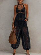 Black Backless Lace-trimmed Tank Top And Harem Pants Set