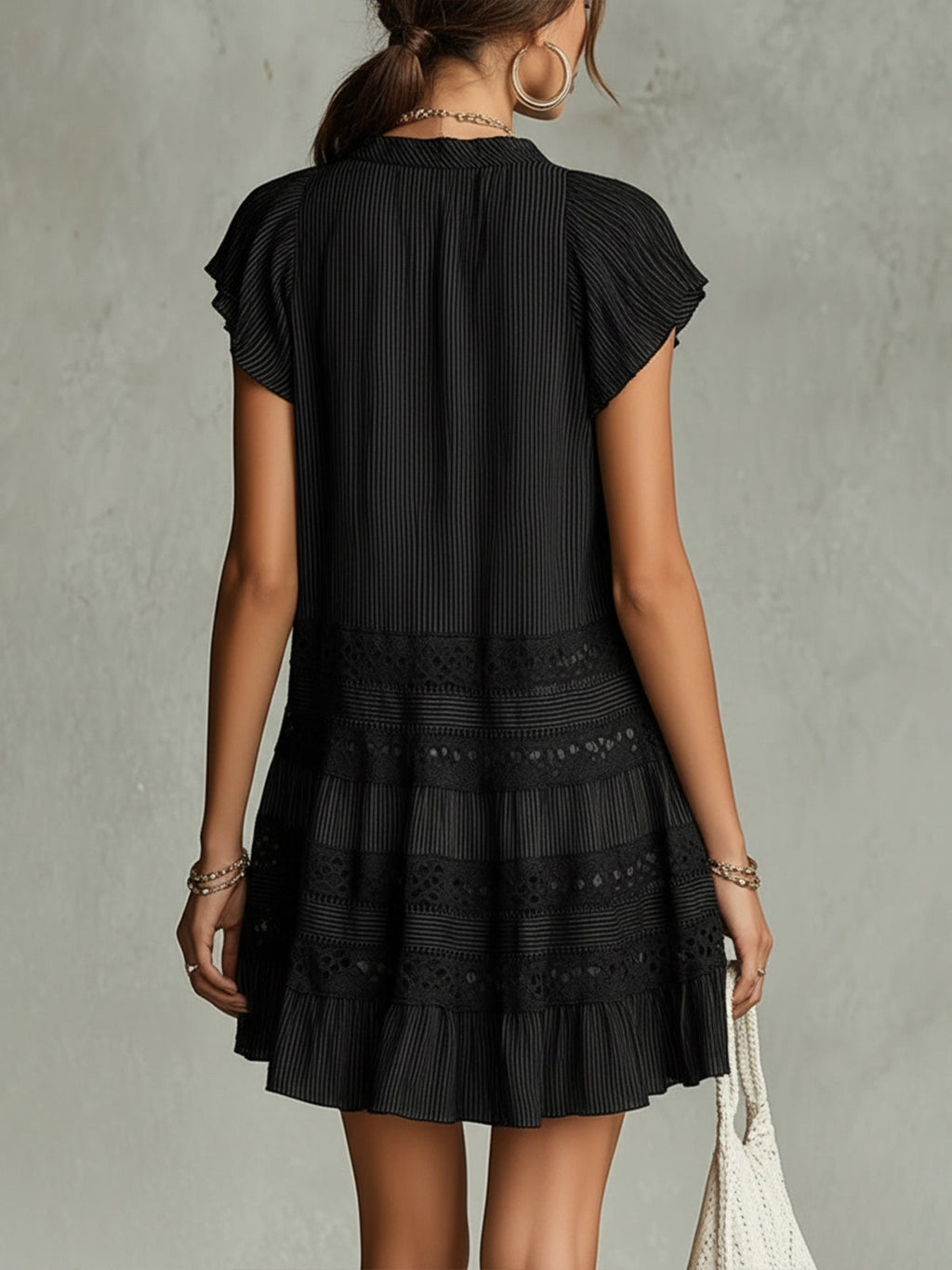 Black Striped Chiffon Lace-trimmed Ruffled Mini Dress